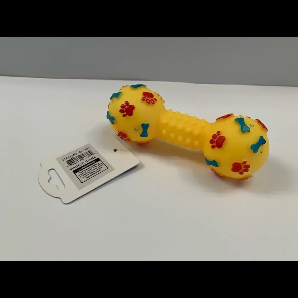 Pet- Squeaky Toy- Dumbbell W/ Paw Prints - Various Colors
